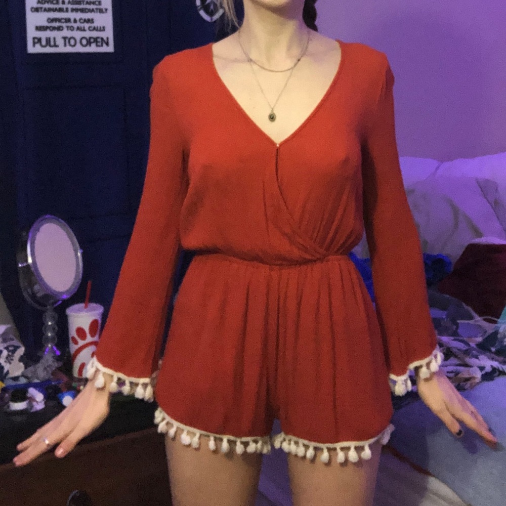 RED / ORANGE ROMPER with WHITE POMPOMS